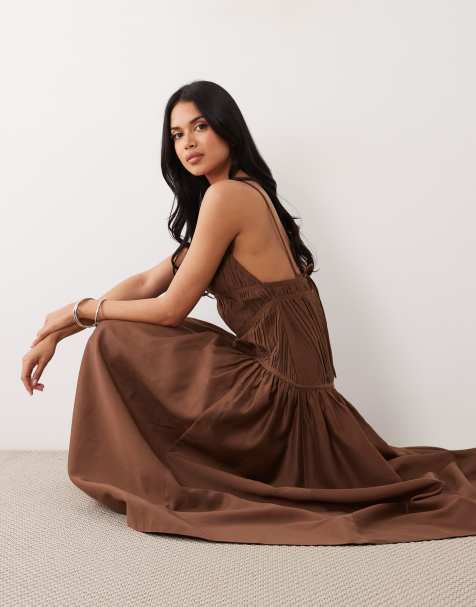 ASOS DESIGN ruched backless cami maxi dress in chocolate - view 1