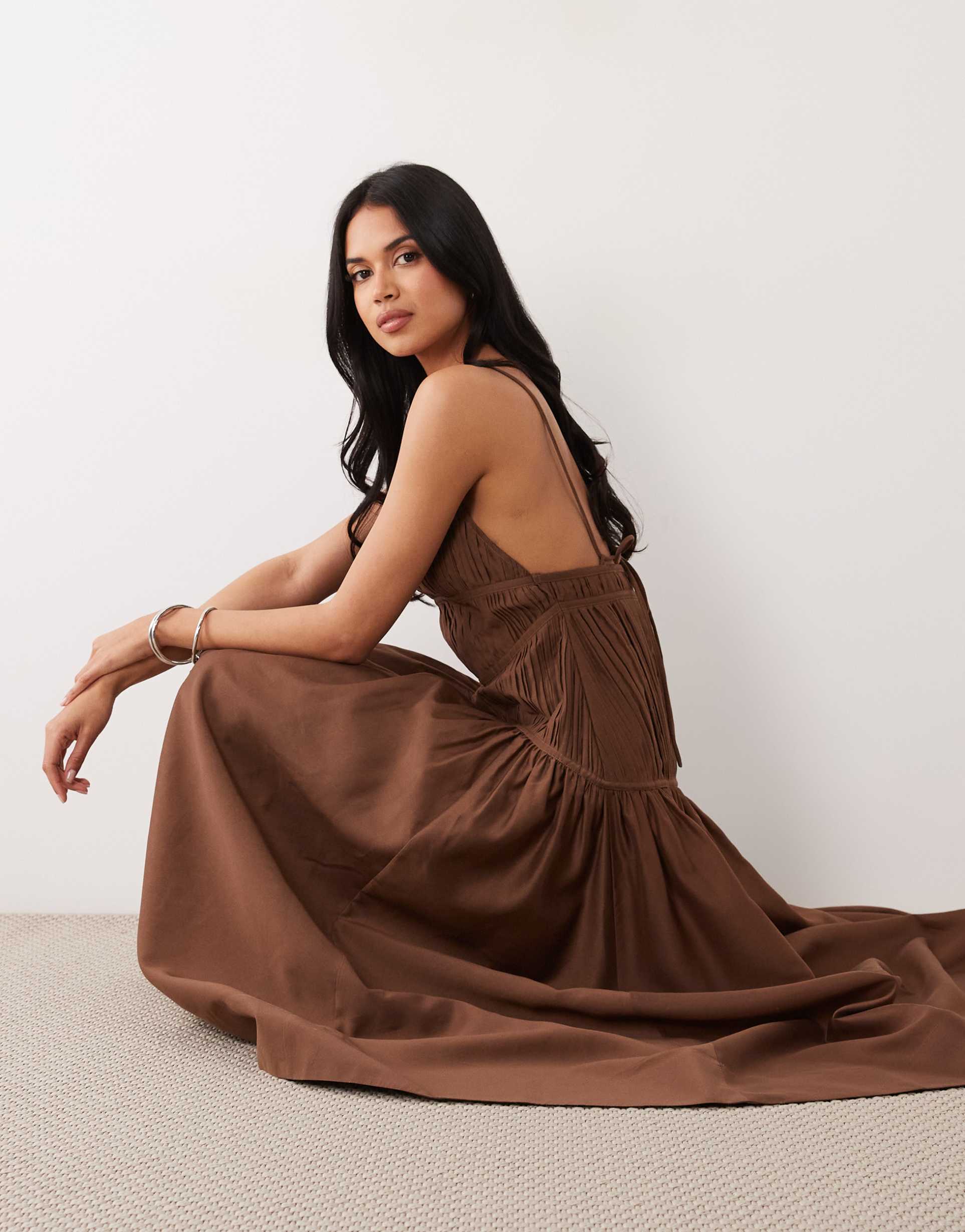 asos design ruched backless cami maxi dress in chocolate