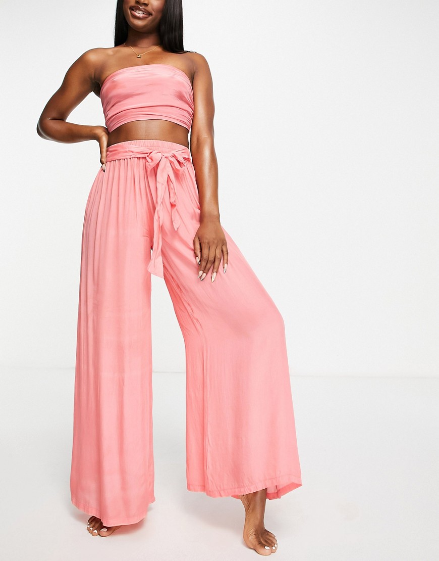 ASOS DESIGN ruched bandeau beach top in mink - part of a set-Pink