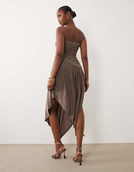 ASOS DESIGN ruched bandeau hanky hem slinky midi dress in grey