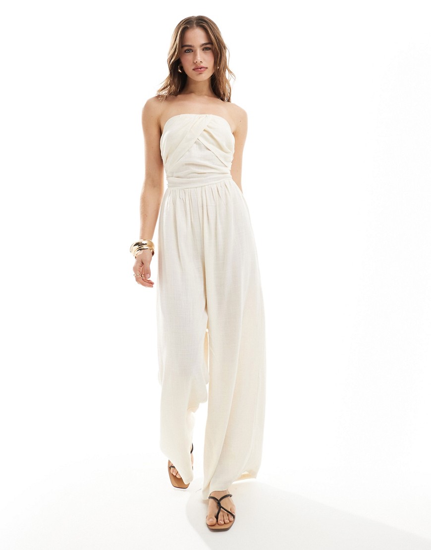 ASOS DESIGN ruched bandeau jumpsuit in cream-White