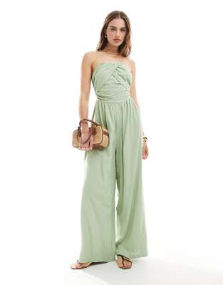 Asos Design Ruched Bandeau Jumpsuit In Sage Green