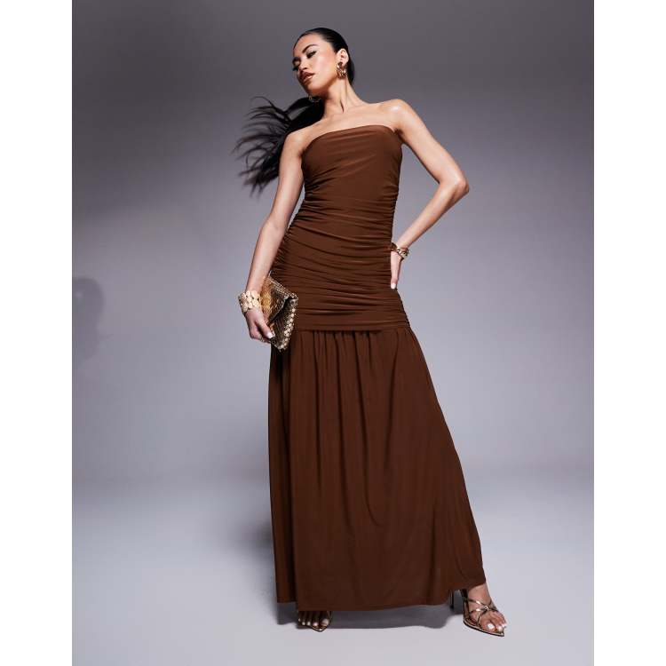 ASOS DESIGN ruched bandeau maxi dress with dropped waist in chocolate | ASOS
