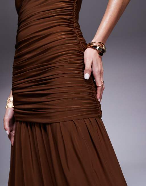 ASOS DESIGN ruched bandeau maxi dress with dropped waist in chocolate | ASOS
