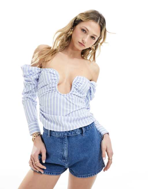 ASOS DESIGN ruched bandeau off shoulder top in stripe