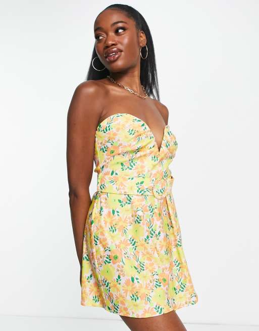 ASOS DESIGN ruched bandeau romper with belt in floral print