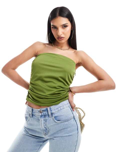 ASOS DESIGN ruched bandeau top in olive - view 1