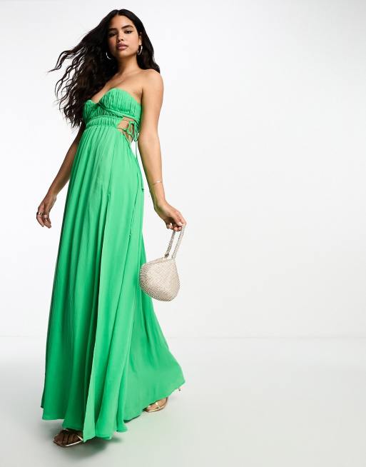 ASOS DESIGN ruched bandeau washed satin maxi dress with tie detail