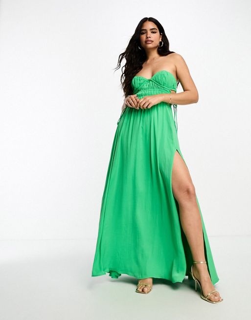 ASOS DESIGN ruched bandeau washed satin maxi dress with tie detail