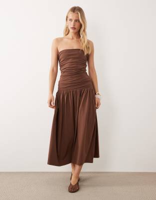 ASOS DESIGN ruched bandeau with dropped waist maxi dress in chocolate