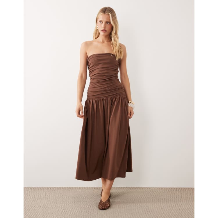 shape chocolate brown bandeau ruched midaxi dress Ludivine Brown Ruched Maxi Dress with Beaded Straps main image 0