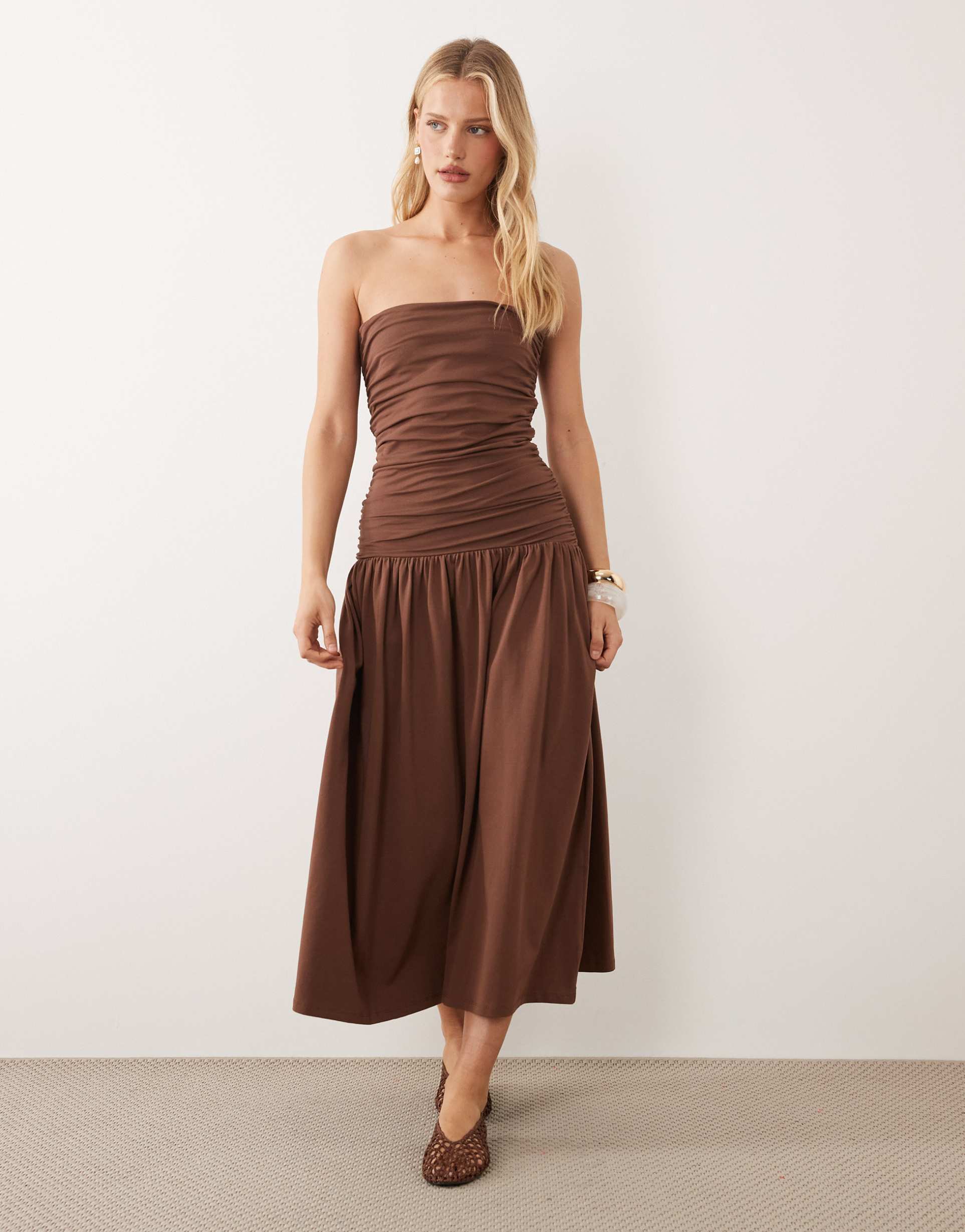 asos design ruched bandeau with dropped waist maxi dress in chocolate