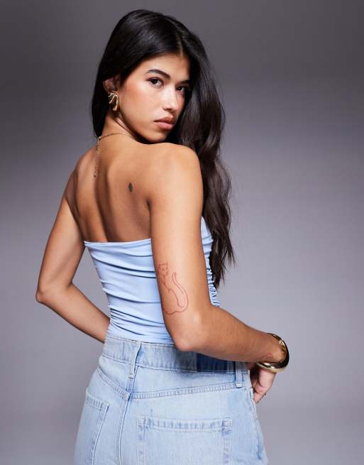 ASOS DESIGN ruched bandeau with pointed hem in blue, 2 of 4