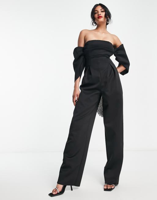 ASOS DESIGN scuba one shoulder kick flare jumpsuit in white