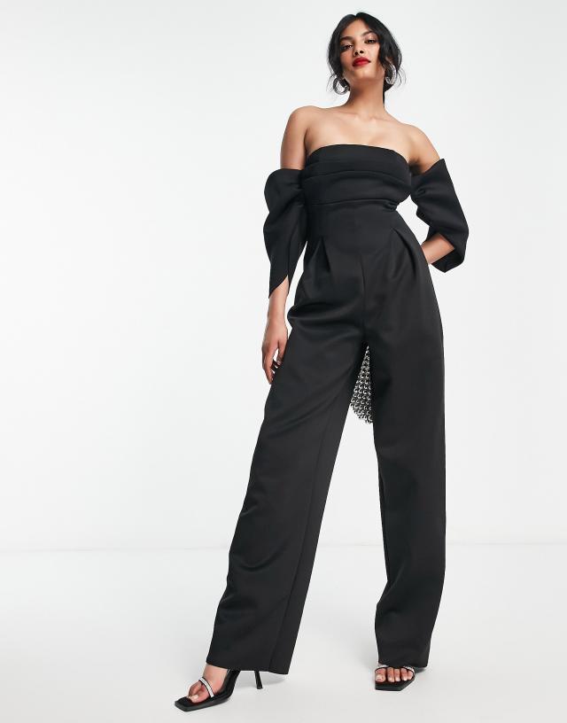 ASOS DESIGN ruched bardot scuba jumpsuit in black