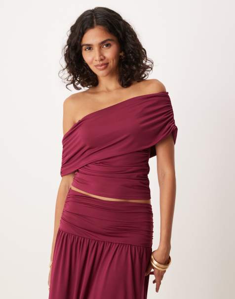 ASOS DESIGN ruched bardot top in berry - part of a set - view 1