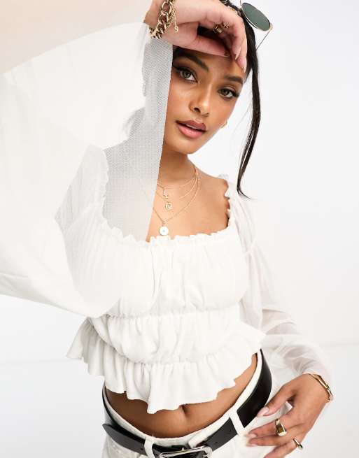 White ruffle crop sales top long sleeve