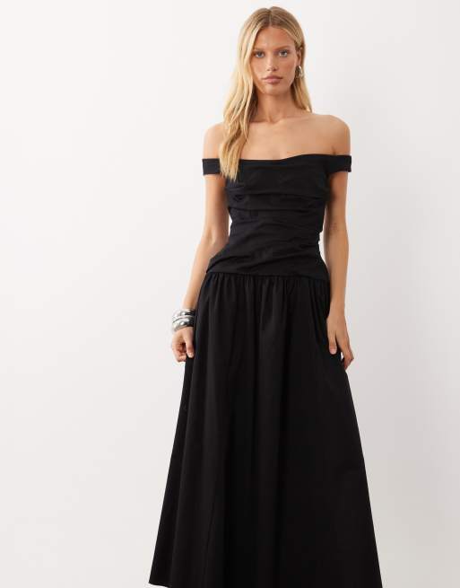 ASOS DESIGN ruched bodice bardot structured maxi dress with full hem in black, 2 of 4