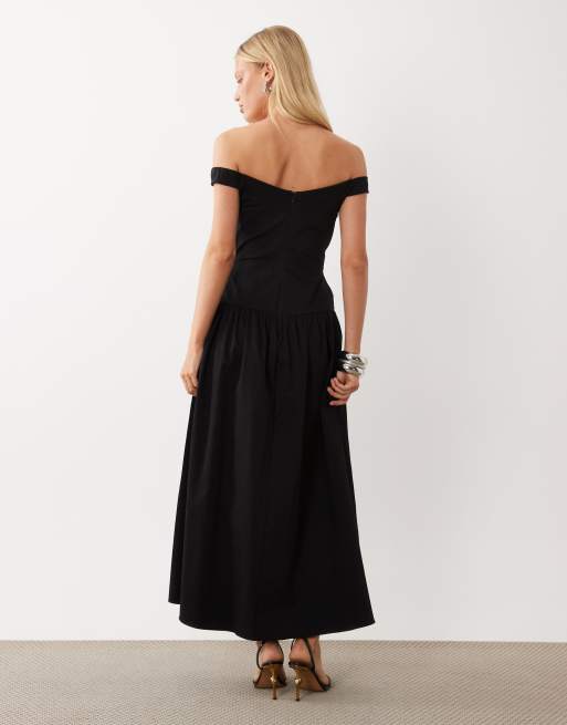 ASOS DESIGN ruched bodice bardot structured maxi dress with full hem in black, 3 of 4