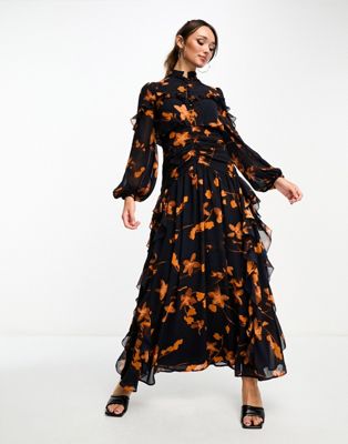 ASOS DESIGN ruched bodice button through maxi dress with frill details in dark orange floral print