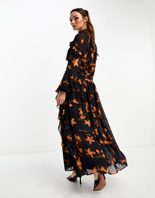 ASOS DESIGN ruched bodice button through maxi dress with frill details in dark orange floral print, 3 of 4