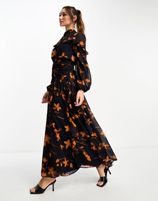 ASOS DESIGN ruched bodice button through maxi dress with frill details in dark orange floral print, 4 of 4