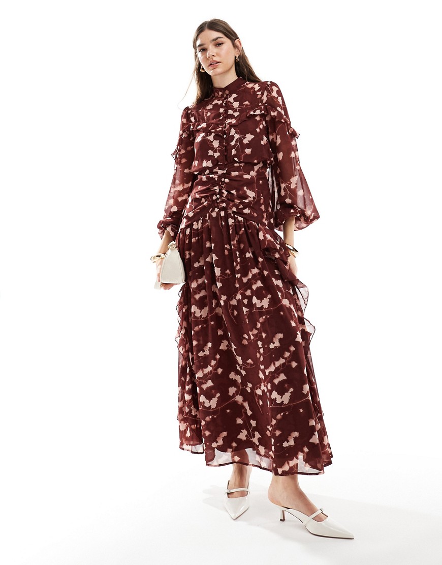 Asos Design Ruched Bodice Button Through Maxi Dress With Frill Details In Red Floral Print-multi In Brown