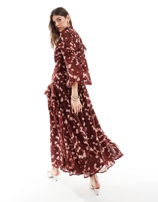 ASOS DESIGN ruched bodice button through maxi dress with frill details in red floral print, 2 of 4
