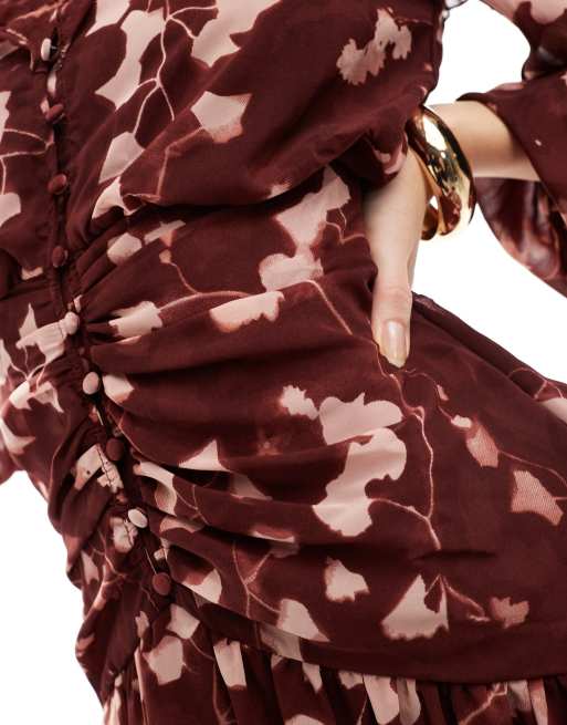 ASOS DESIGN ruched bodice button through maxi dress with frill details in red floral print, 4 of 4