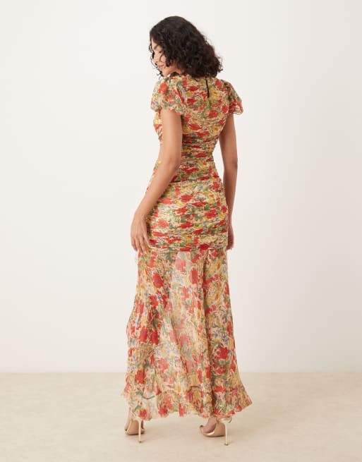 ASOS DESIGN ruched bodice cut out dropped waist maxi dress in floral print, 3 of 4