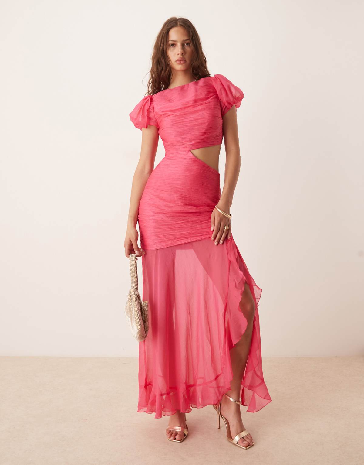 ASOS DESIGN ruched bodice cut out dropped waist maxi dress in raspberry