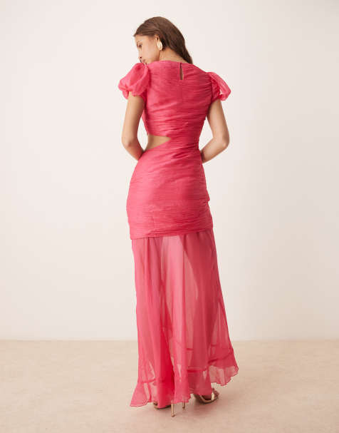 ASOS DESIGN ruched bodice cut out dropped waist maxi dress in raspberry - view 2