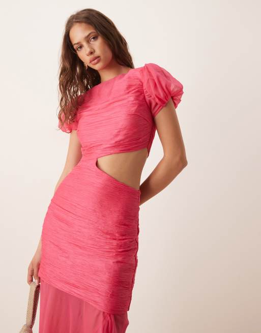 ASOS DESIGN ruched bodice cut out dropped waist maxi dress in raspberry, 4 of 4