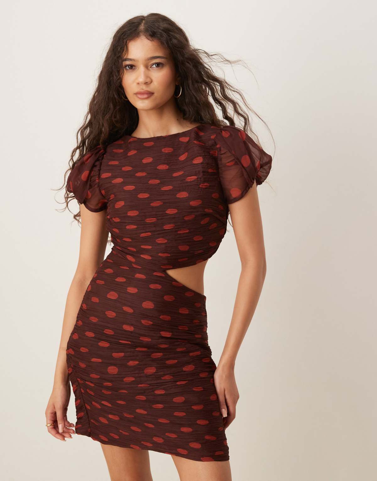 ASOS DESIGN ruched bodice cut out mini dress in spot print