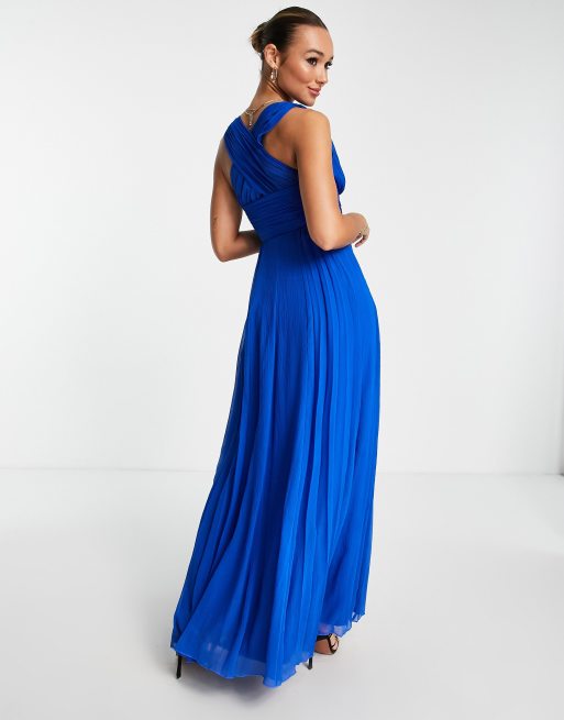 ASOS DESIGN Bridesmaid ruched bodice drape maxi dress with wrap waist, Blue  