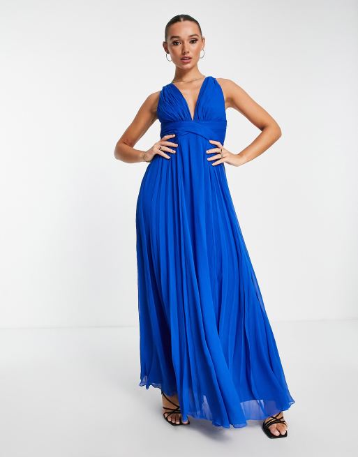 ASOS DESIGN ruched bodice drape maxi dress with wrap waist in blue