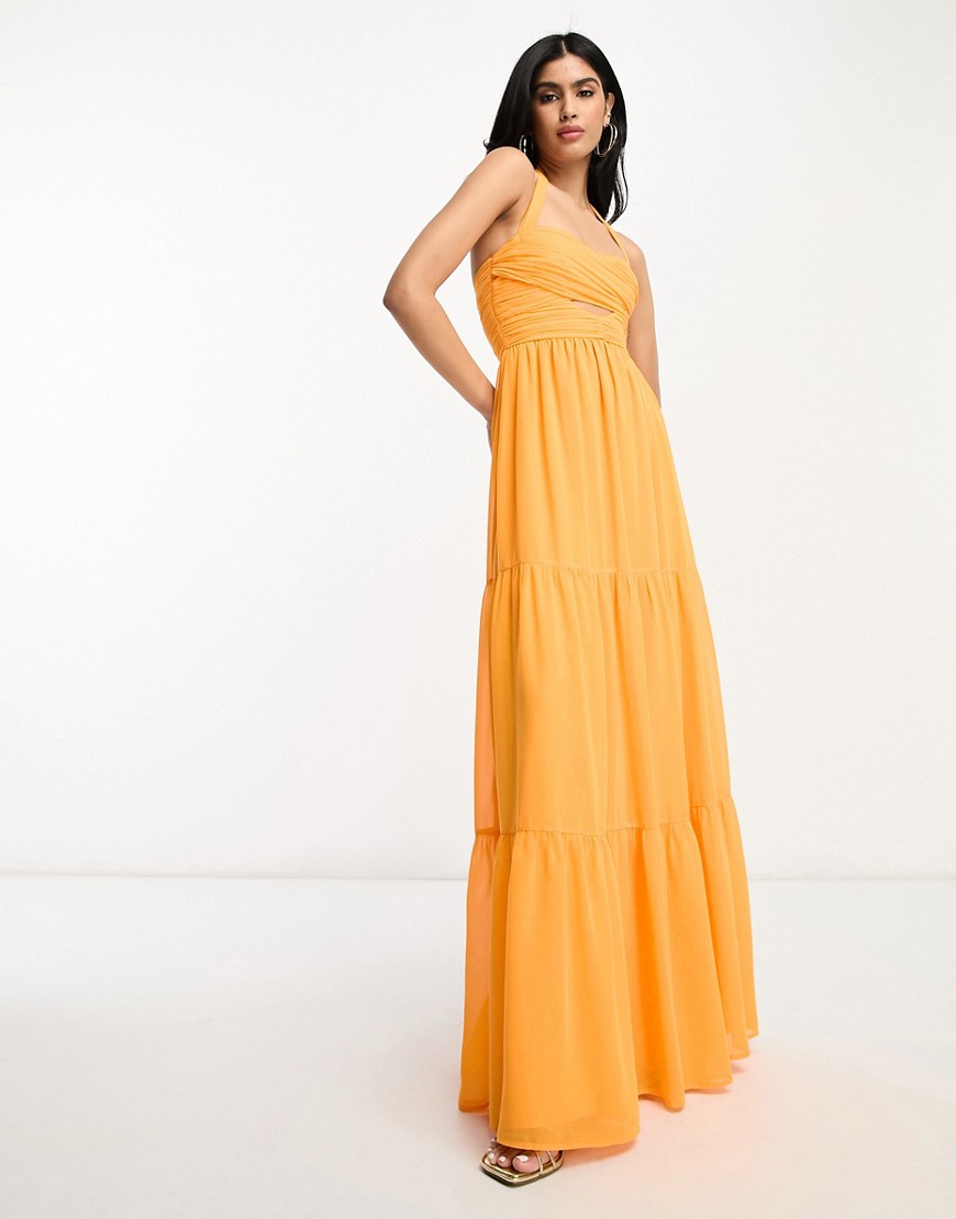ASOS DESIGN ruched bodice halter tiered maxi dress in bright orange