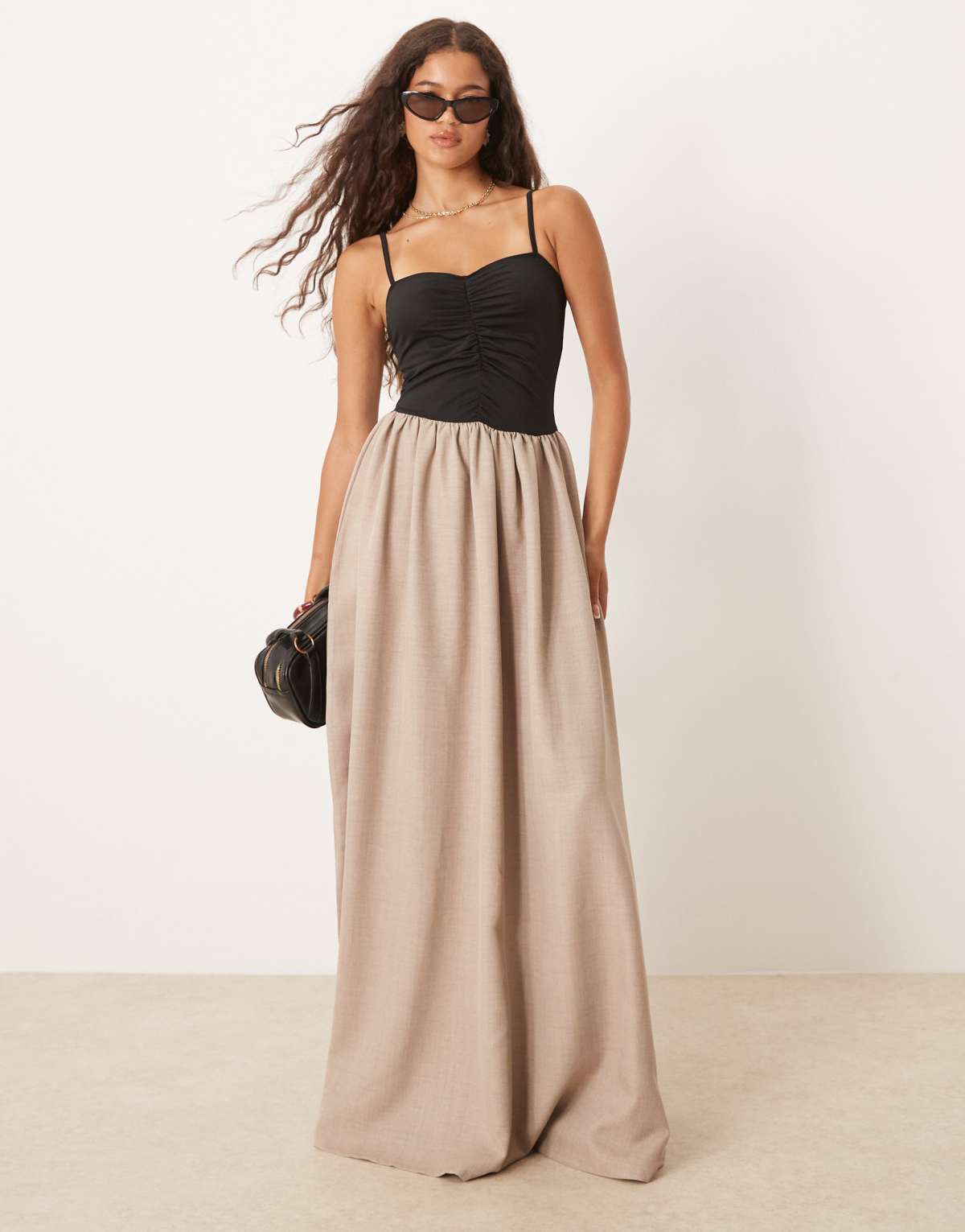 ASOS DESIGN ruched bodice maxi dress in black with beige skirt