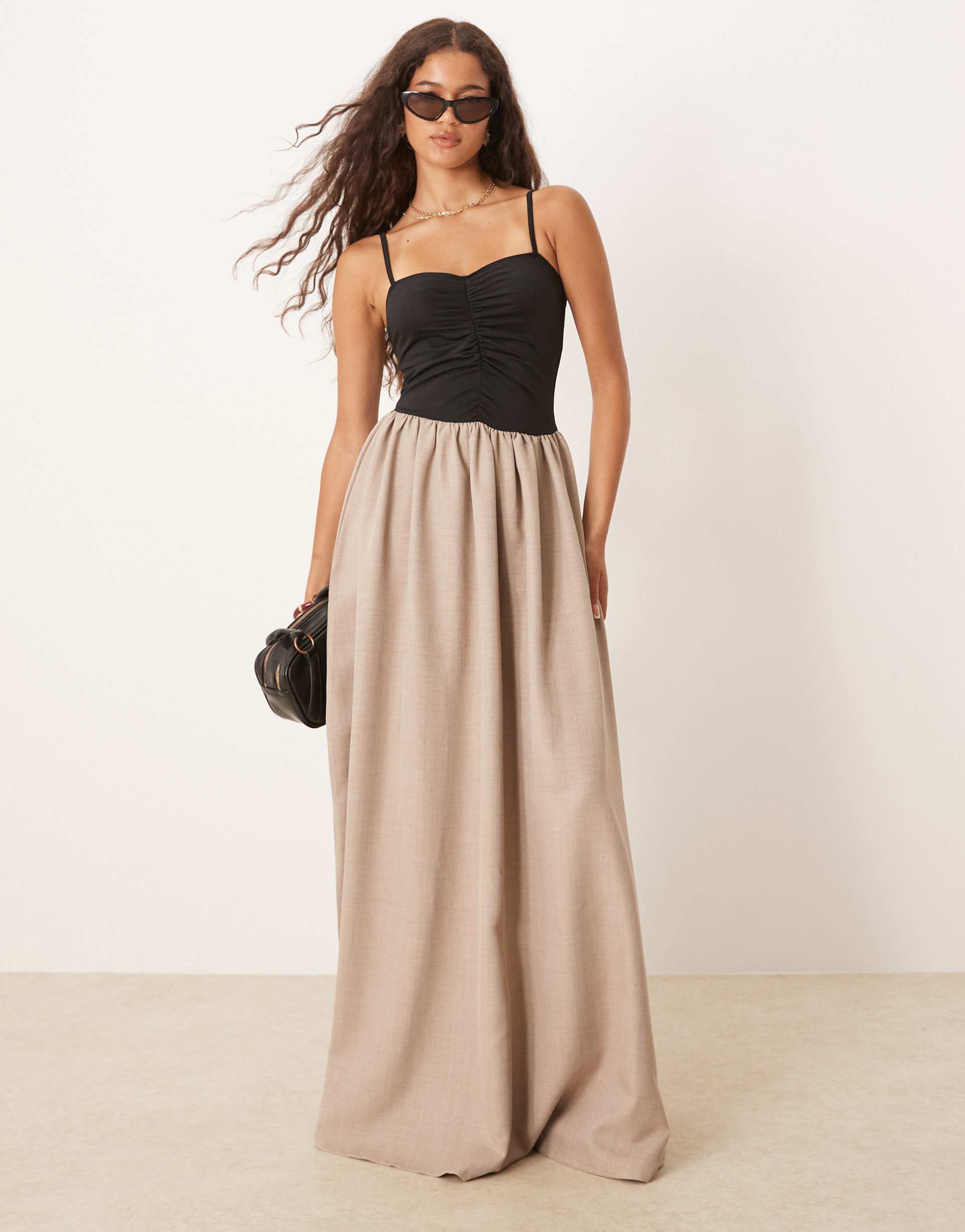 asos design ruched bodice maxi dress in black with beige skirt