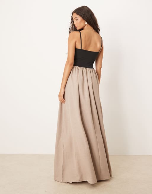 ASOS DESIGN ruched bodice maxi dress in black with beige skirt, 3 of 4