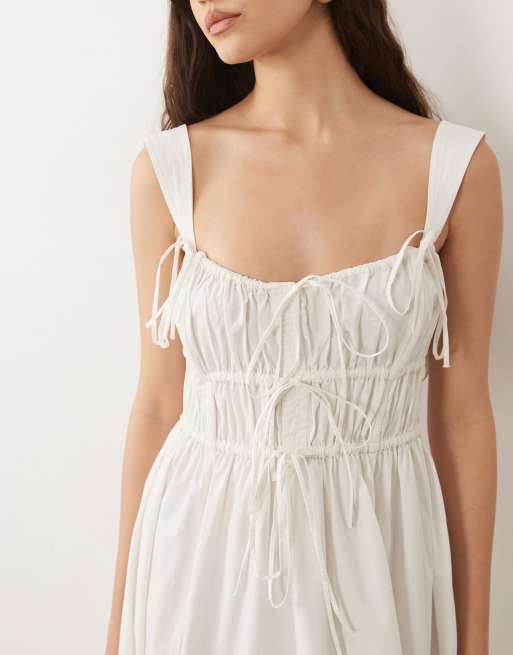 ASOS DESIGN ruched bodice maxi sundress with full skirt and multi stitched hem in white , 2 of 4