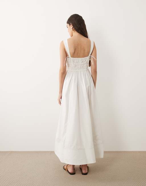 ASOS DESIGN ruched bodice maxi sundress with full skirt and multi stitched hem in white , 4 of 4