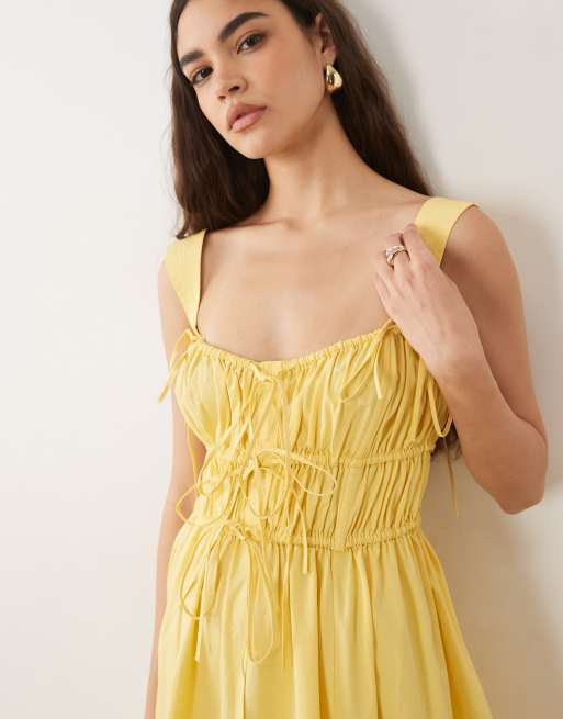 ASOS DESIGN ruched bodice maxi sundress with full skirt and multi stitched hem in yellow , 2 of 4