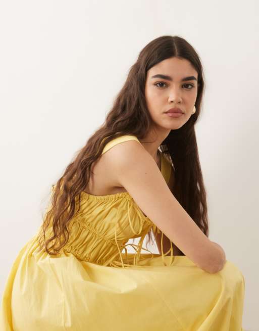 ASOS DESIGN ruched bodice maxi sundress with full skirt and multi stitched hem in yellow , 3 of 4