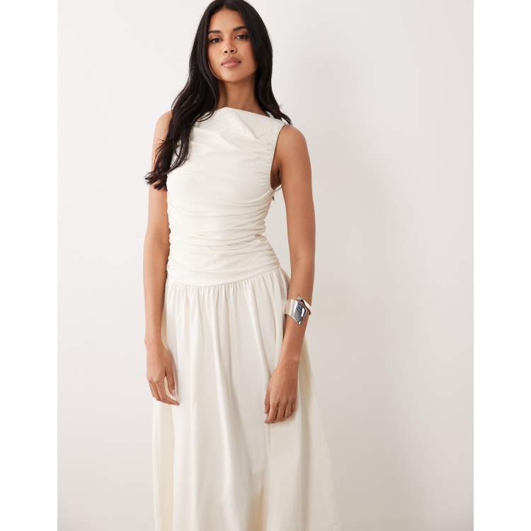 asos design bow front rib midaxi dress in cream ASOS Design - Ruched Bodice Midaxi Dress - Women - Cotton/Spandex - 8 US
