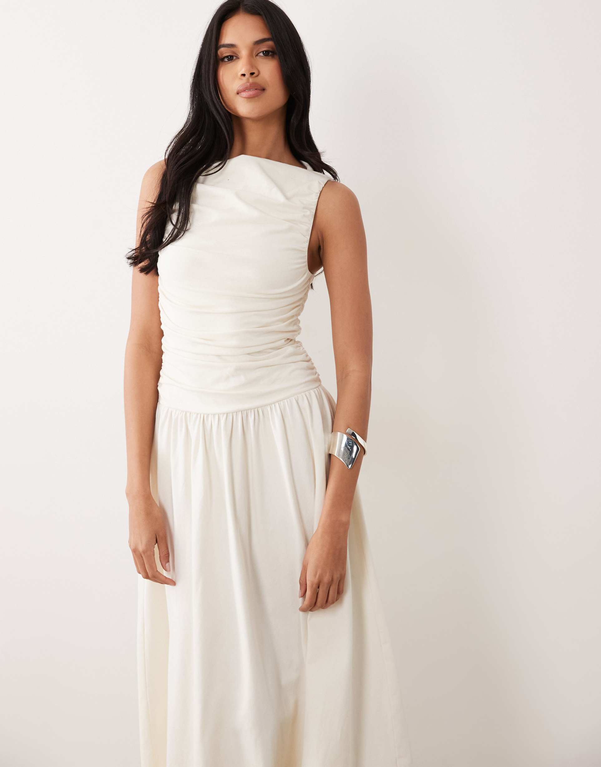 asos design ruched bodice midaxi dress in cream
