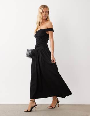 Asos Design Ruched Bodice Off The Shoulder Structured Maxi Dress With Full Hem In Black