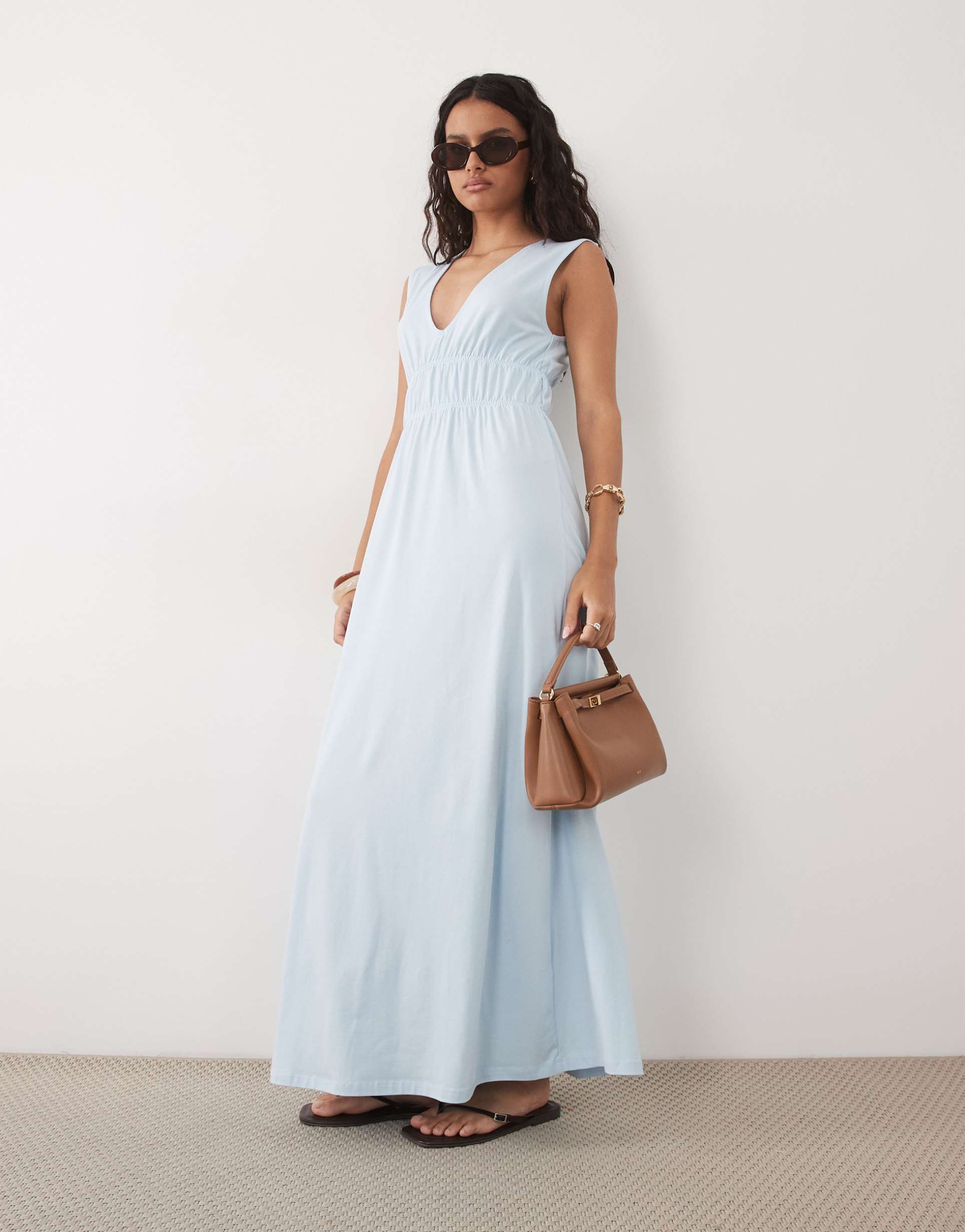 asos design ruched bodice plunge maxi dress in dusty blue