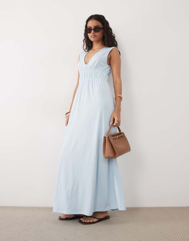 asos dusty blue dress Design - Ruched Bodice Plunge Maxi - Women - Cotton/Polyester - S Color::#57-Silver