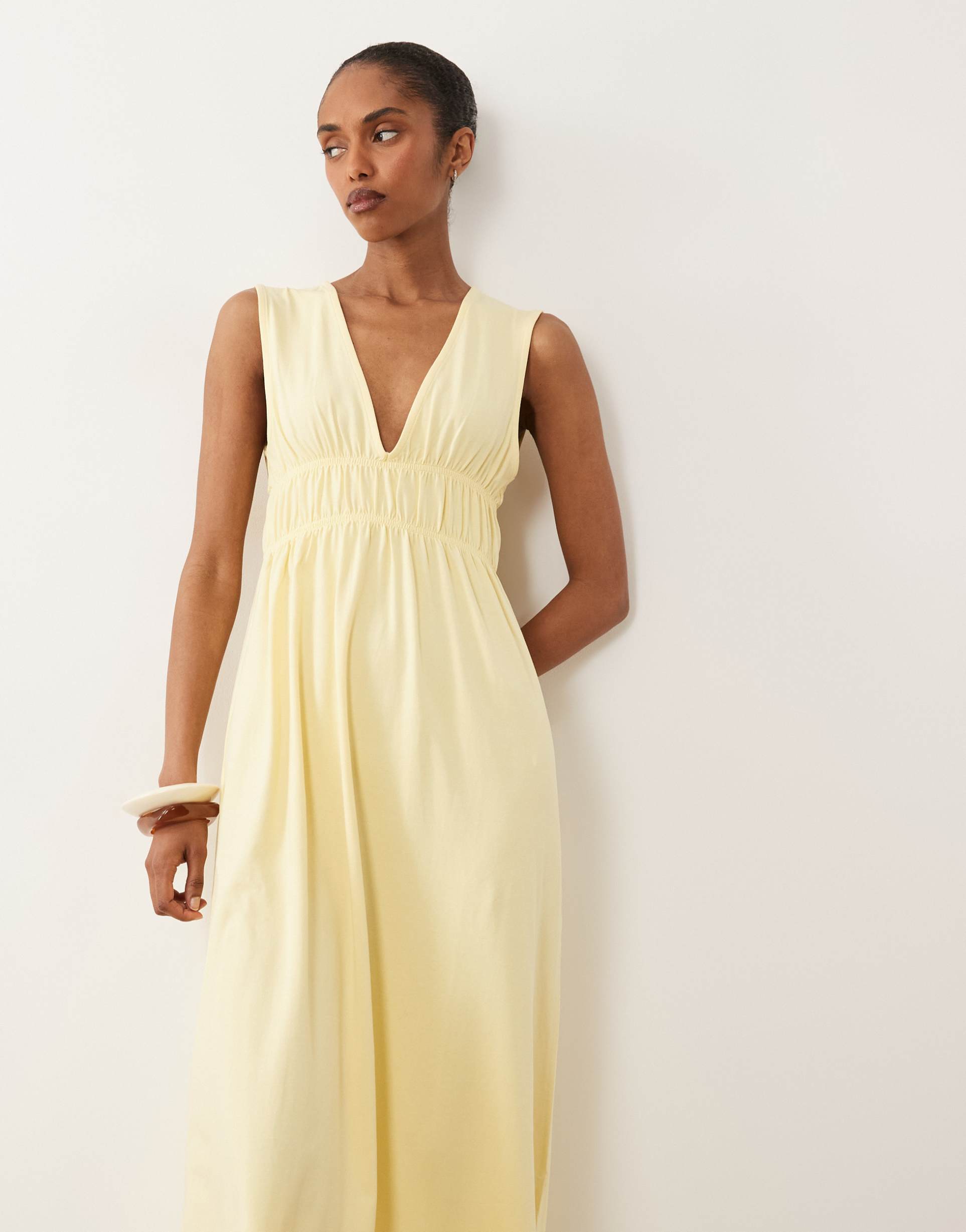 asos design ruched bodice plunge maxi dress in lemon